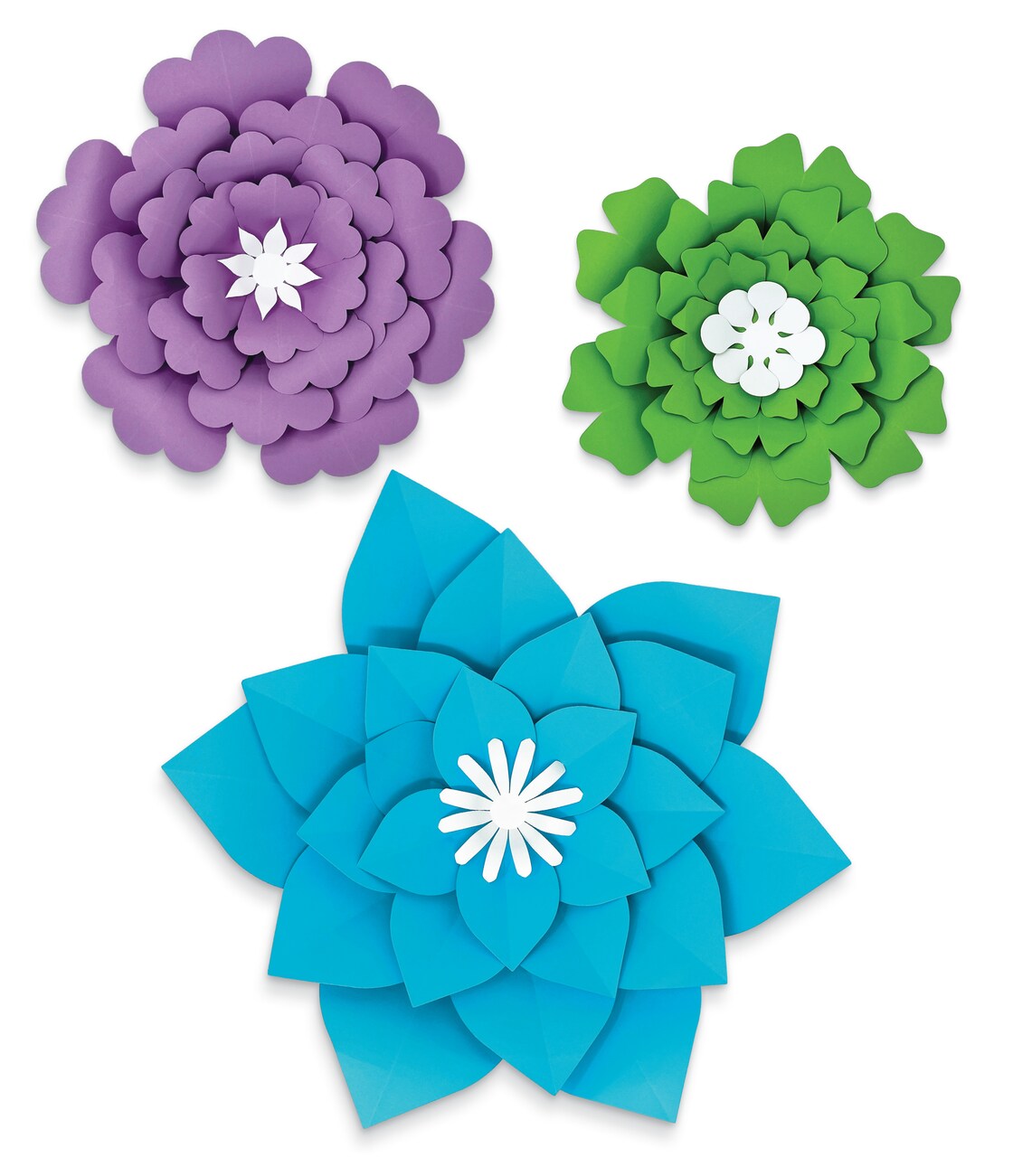 Carson Dellosa Creatively Inspired 3-Piece 3D Large Paper Flowers, Purple, Green, and Blue Spring Bulletin Board Decorations for Party, Baby Shower, Classroom Decor, and More